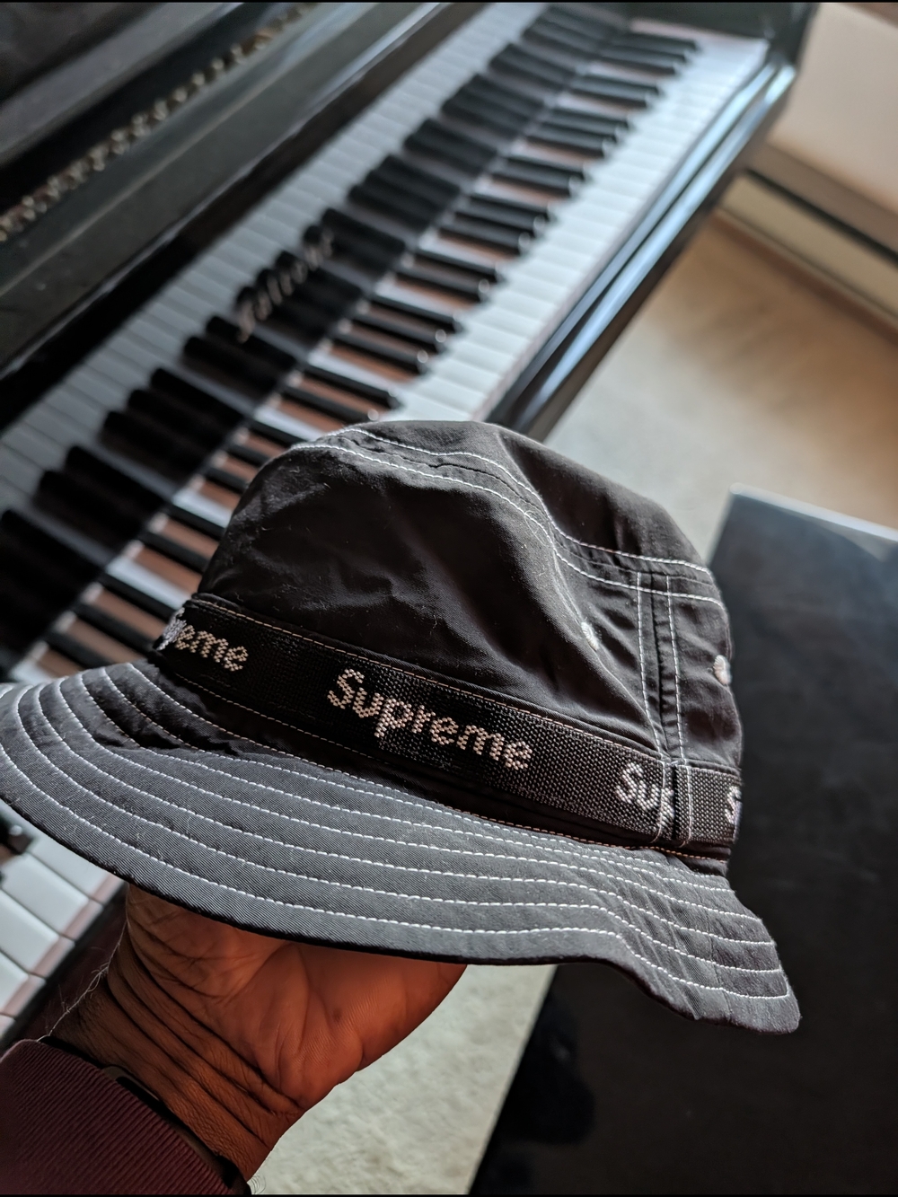 Supreme Black Bucket Hat with Logo Webbing Trim- MEDIUM